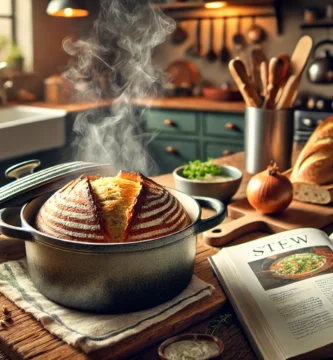 Rustic Dutch oven on a wooden kitchen counter with steam rising from a freshly baked artisan bread inside. The background features a cozy kitchen with warm lighting, a cutting board with fresh ingredients, and an open cookbook displaying a stew recipe