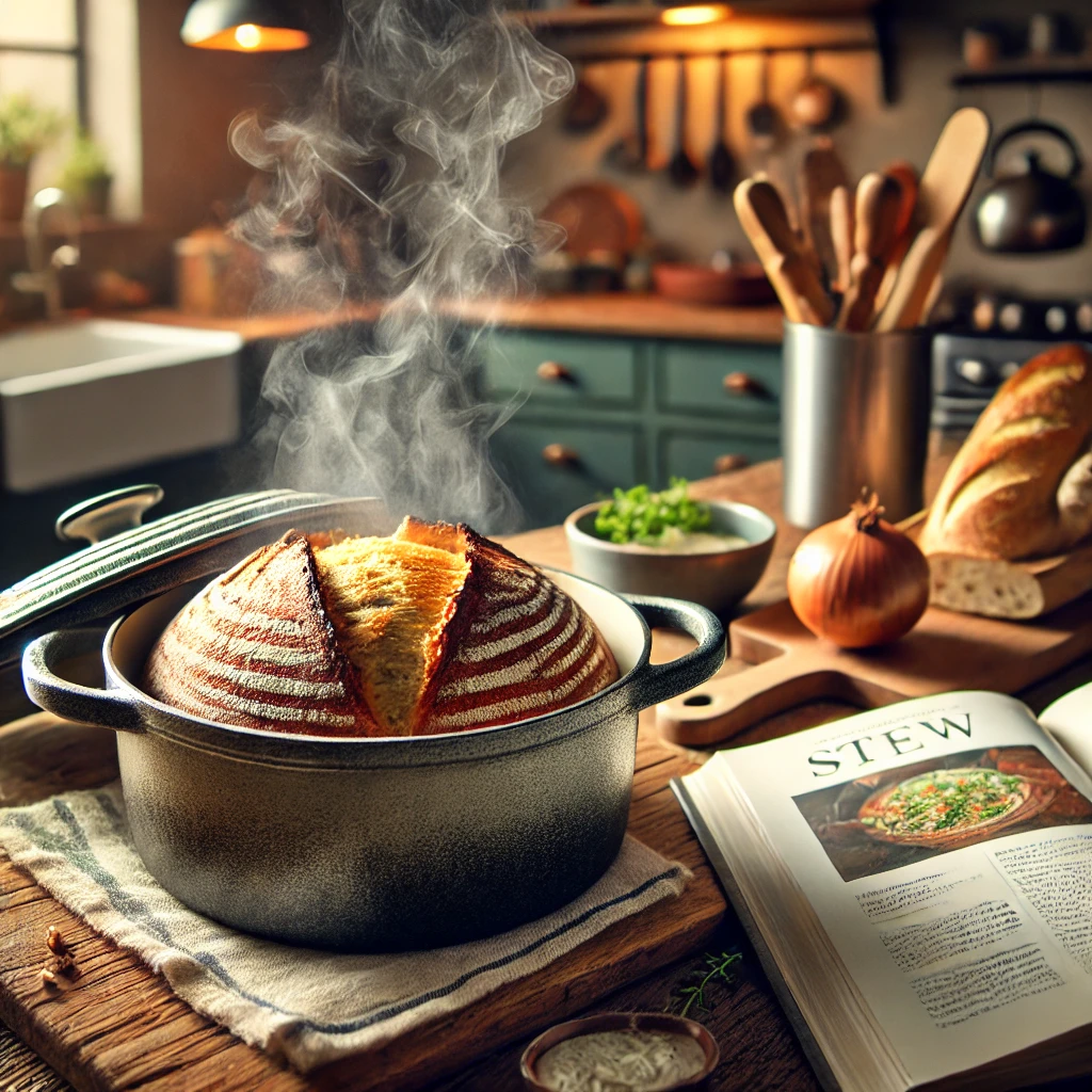 Rustic Dutch oven on a wooden kitchen counter with steam rising from a freshly baked artisan bread inside. The background features a cozy kitchen with warm lighting, a cutting board with fresh ingredients, and an open cookbook displaying a stew recipe