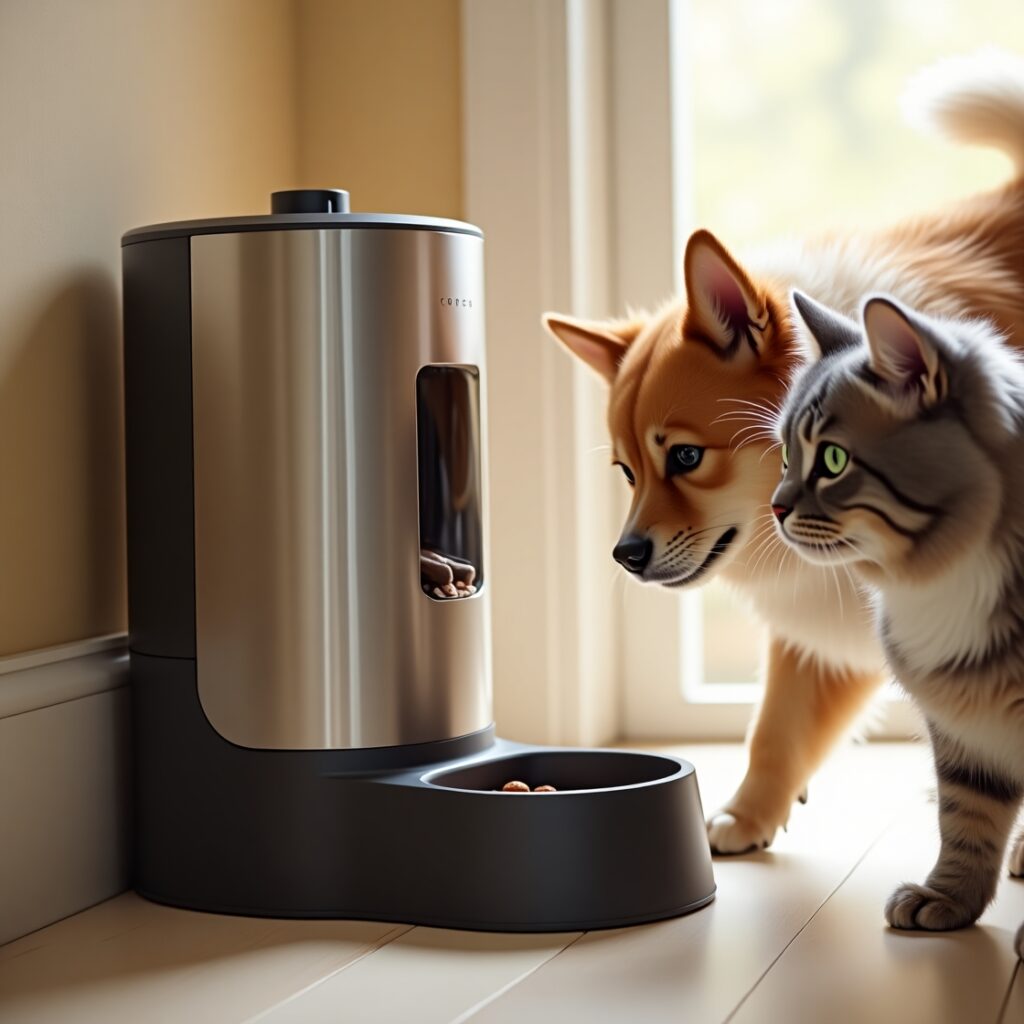 A Shiba Inu dog and a tabby cat stand side by side, curiously watching an automatic pet feeder dispense food into a bowl in a sunlit room with wooden floors.