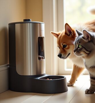 A Shiba Inu dog and a tabby cat stand side by side, curiously watching an automatic pet feeder dispense food into a bowl in a sunlit room with wooden floors.