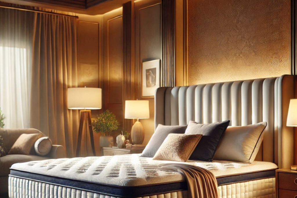A luxurious bedroom featuring the Nectar Premier Mattress, complemented by plush pillows, a soft comforter, and warm ambient lighting for a cozy sleep environment.