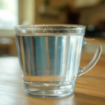 A clear glass cup filled with reverse osmosis (RO) water sits on a wooden table, reflecting natural light from a nearby window.