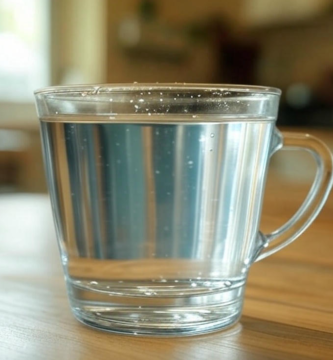 A clear glass cup filled with reverse osmosis (RO) water sits on a wooden table, reflecting natural light from a nearby window.