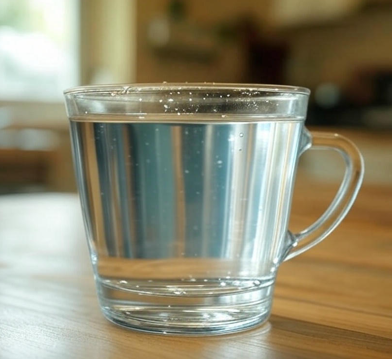 A clear glass cup filled with reverse osmosis (RO) water sits on a wooden table, reflecting natural light from a nearby window.